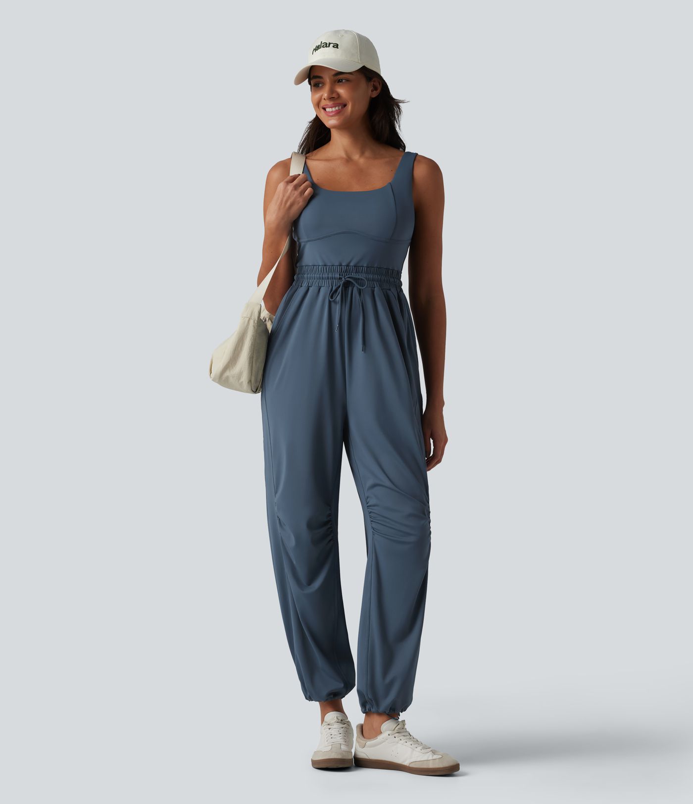 U-neck Sleeveless Drawstring Ruched Casual Jumpsuit with Pockets U-neck Sleeveless Drawstring Ruched Casual Jumpsuit with Pockets
