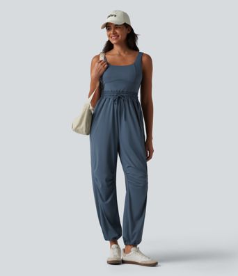 U-neck Sleeveless Drawstring Ruched Casual Jumpsuit with Pockets U-neck Sleeveless Drawstring Ruched Casual Jumpsuit with Pockets