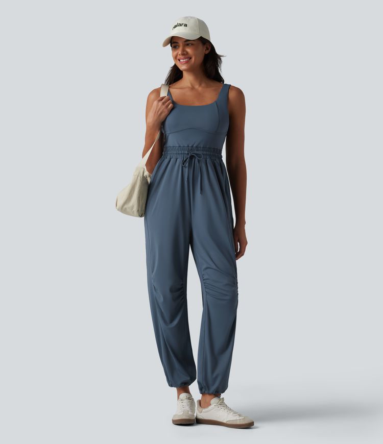 U-neck Sleeveless Drawstring Ruched Casual Jumpsuit with Pockets U-neck Sleeveless Drawstring Ruched Casual Jumpsuit with Pockets