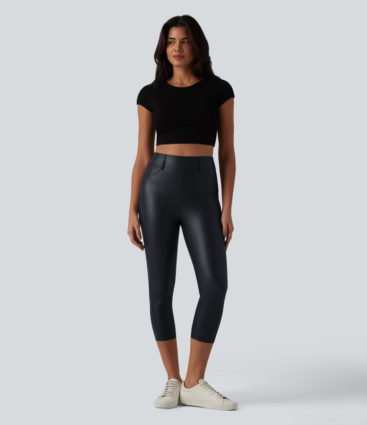 High Waisted Stretchy PU Casual Capri Leggings with Pockets High Waisted Stretchy PU Casual Capri Leggings with Pockets