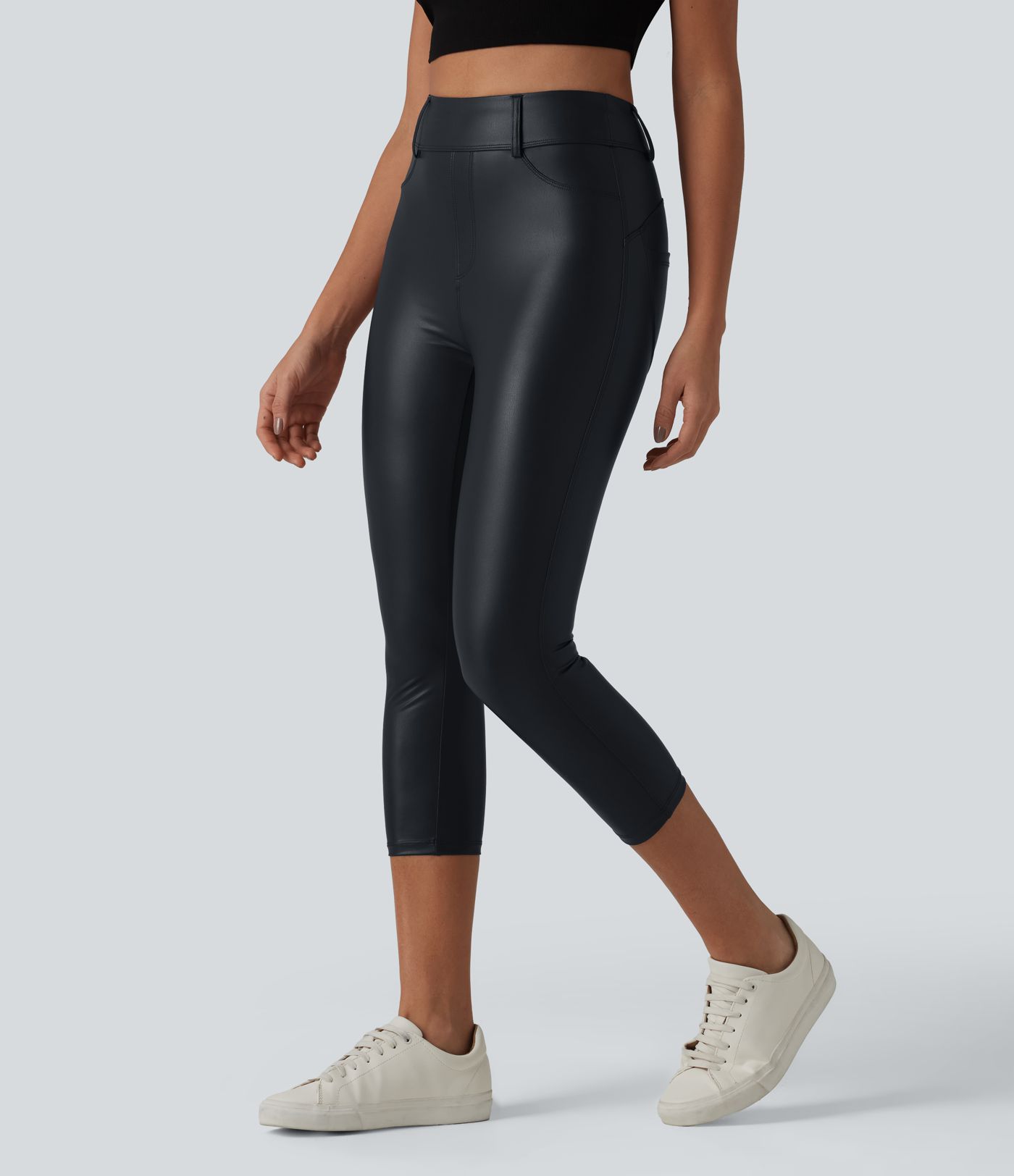 High Waisted Stretchy PU Casual Capri Leggings with Pockets High Waisted Stretchy PU Casual Capri Leggings with Pockets