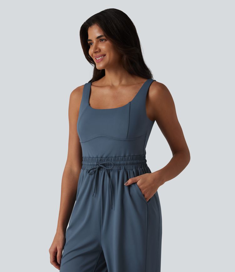 U-neck Sleeveless Drawstring Ruched Casual Jumpsuit with Pockets U-neck Sleeveless Drawstring Ruched Casual Jumpsuit with Pockets