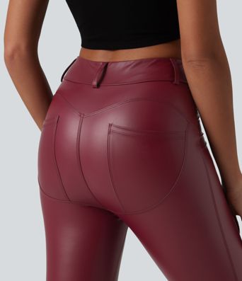 Leggings Capri décontractés taille haute en PU extensible avec poches