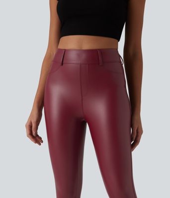 Leggings Capri décontractés taille haute en PU extensible avec poches