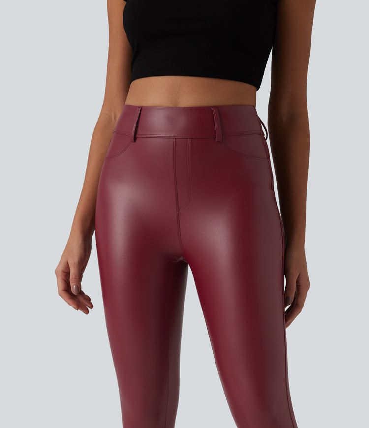 Leggings Capri décontractés taille haute en PU extensible avec poches
