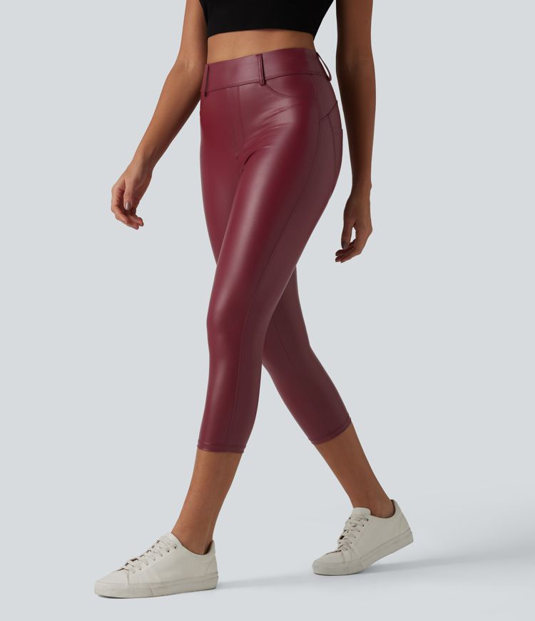 Leggings Capri décontractés taille haute en PU extensible avec poches