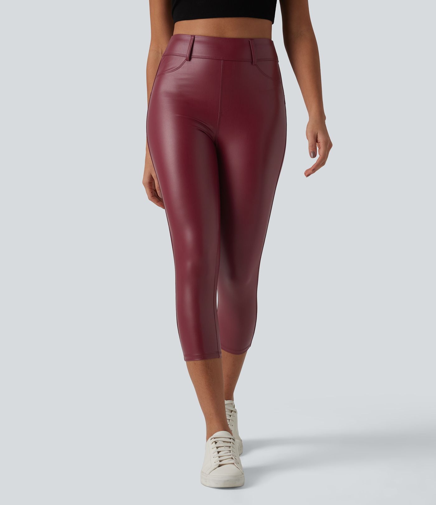 Leggings Capri décontractés taille haute en PU extensible avec poches