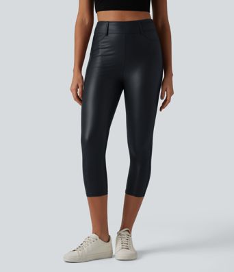 High Waisted Stretchy PU Casual Capri Leggings with Pockets High Waisted Stretchy PU Casual Capri Leggings with Pockets