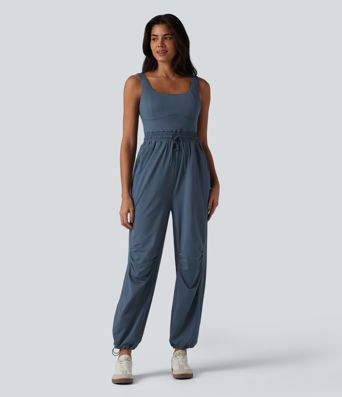 U-neck Sleeveless Drawstring Ruched Casual Jumpsuit with Pockets U-neck Sleeveless Drawstring Ruched Casual Jumpsuit with Pockets