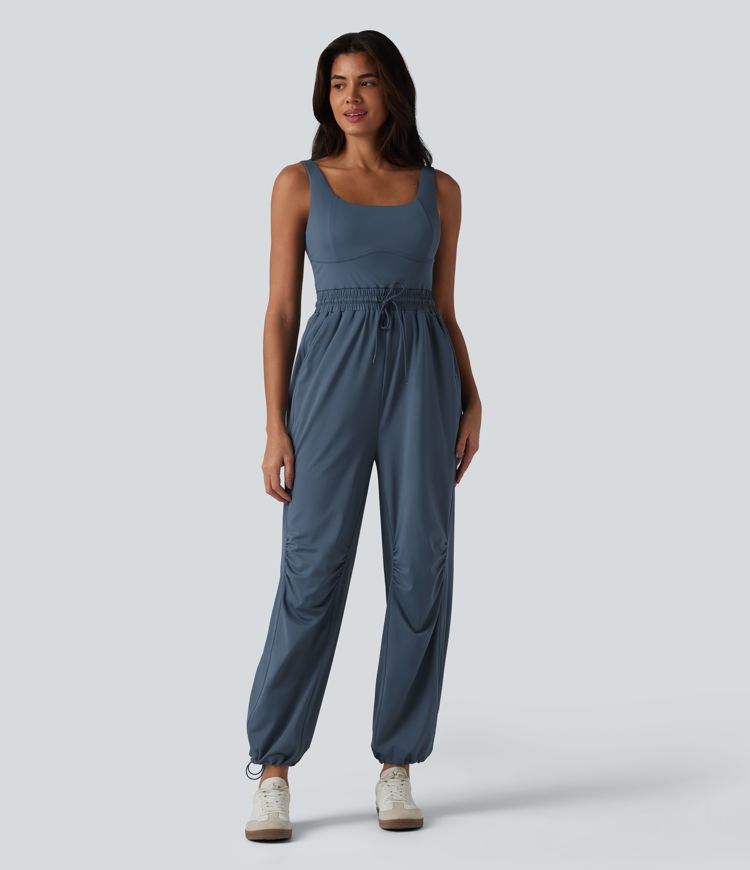 U-neck Sleeveless Drawstring Ruched Casual Jumpsuit with Pockets U-neck Sleeveless Drawstring Ruched Casual Jumpsuit with Pockets