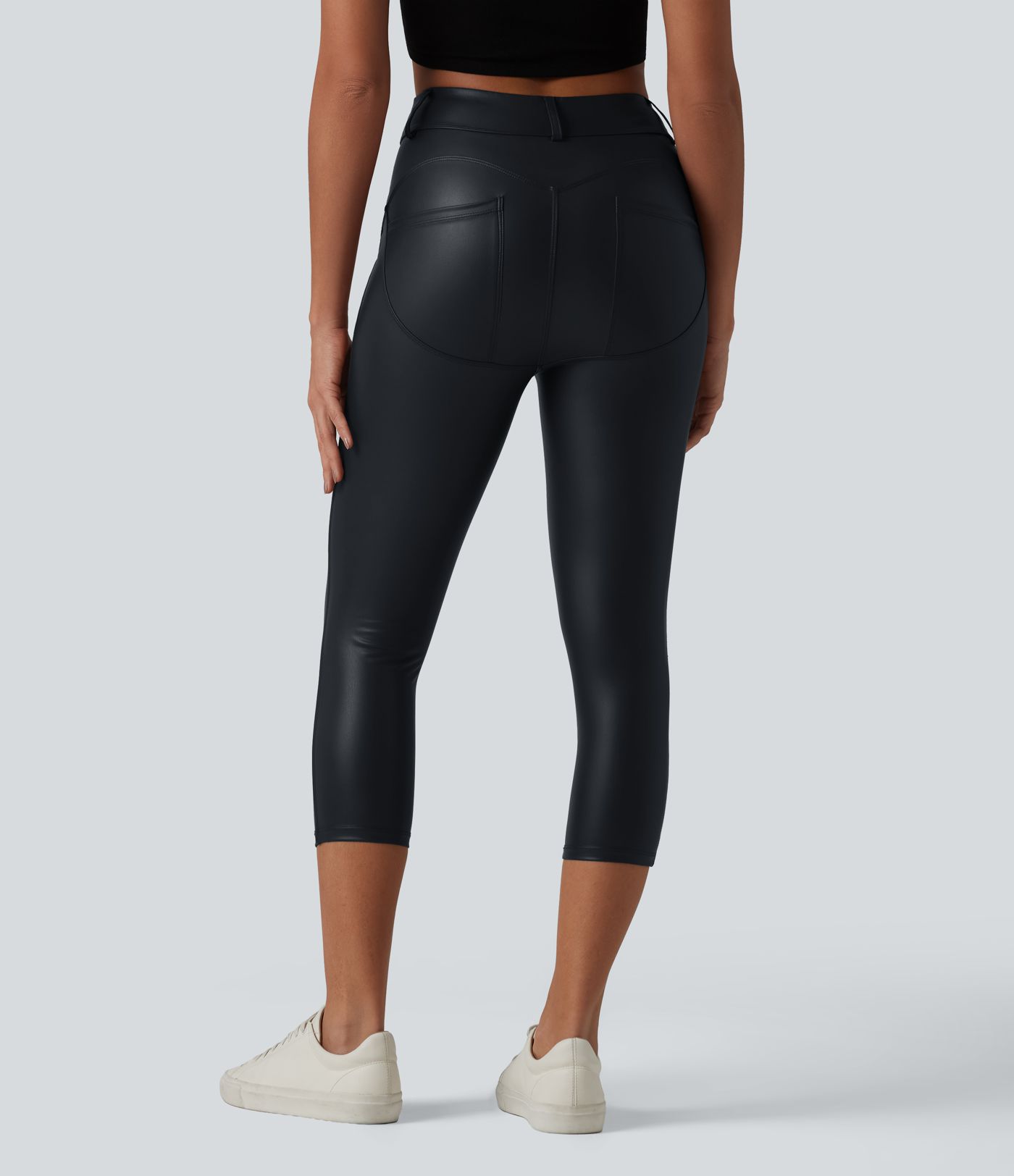 High Waisted Stretchy PU Casual Capri Leggings with Pockets High Waisted Stretchy PU Casual Capri Leggings with Pockets
