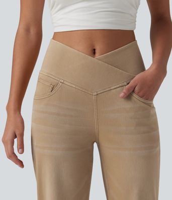 Halara Flex™ Crossover High Waisted Colorful Casual Wide Leg Jeans with Pockets