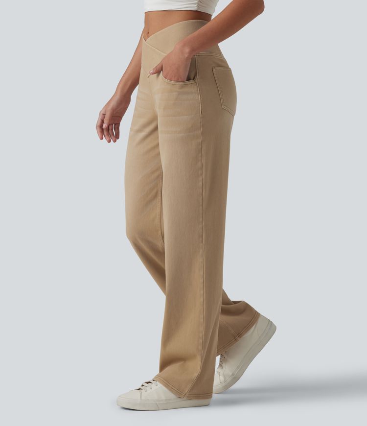 Halara Flex™ Crossover High Waisted Colorful Casual Wide Leg Jeans with Pockets