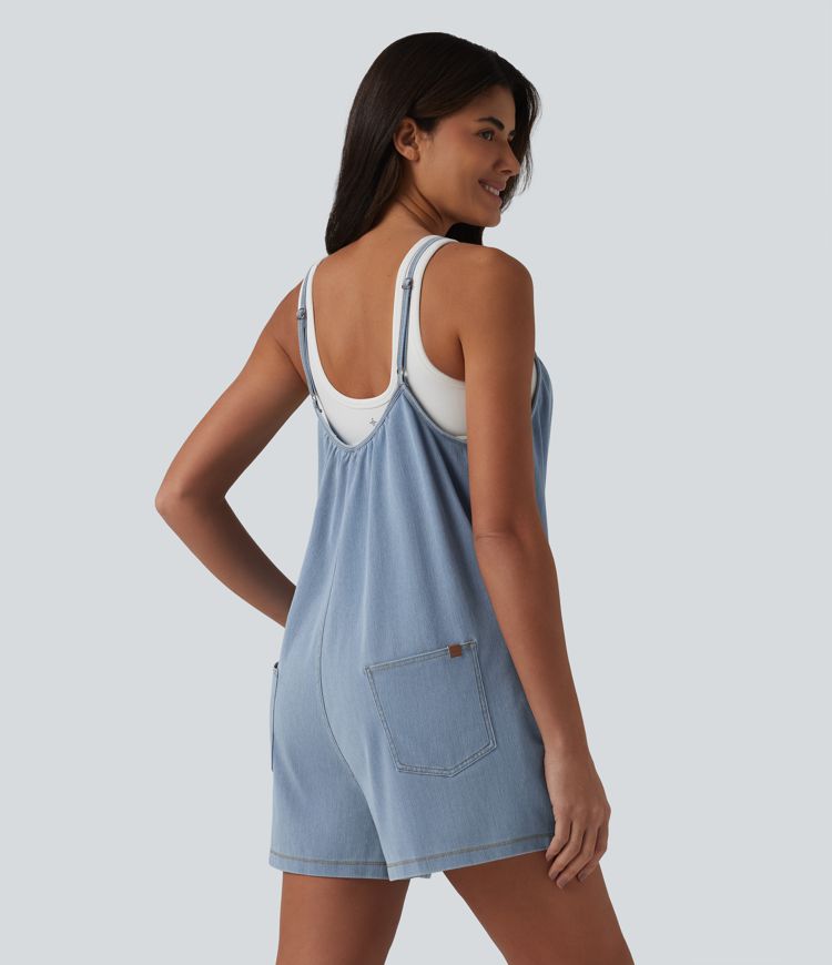 Combinaison-short décontractée en denim à col rond et poches Halara Flex™