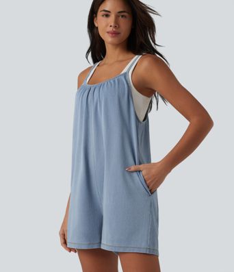 Combinaison-short décontractée en denim à col rond et poches Halara Flex™