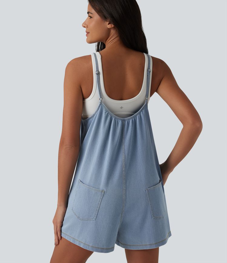 Combinaison-short décontractée en denim à col rond et poches Halara Flex™