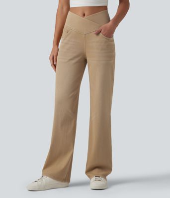 Halara Flex™ Crossover High Waisted Colorful Casual Wide Leg Jeans with Pockets