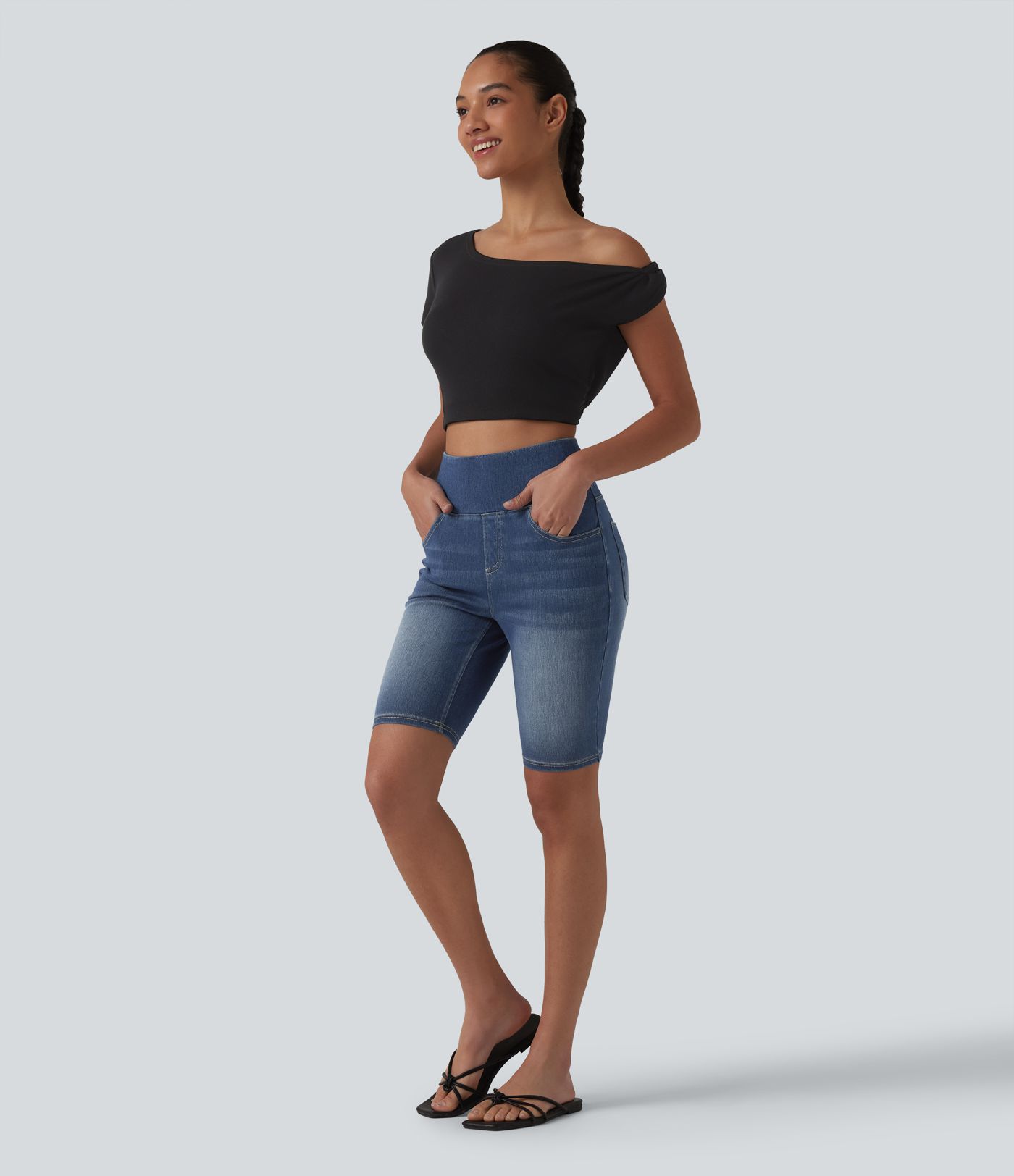 Halara Flex™ Short en denim taille haute ventre plat 22,5 cm avec poches