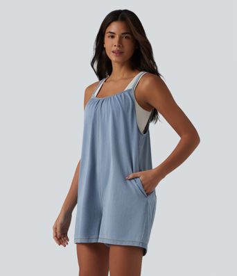 Combinaison-short décontractée en denim à col rond et poches Halara Flex™