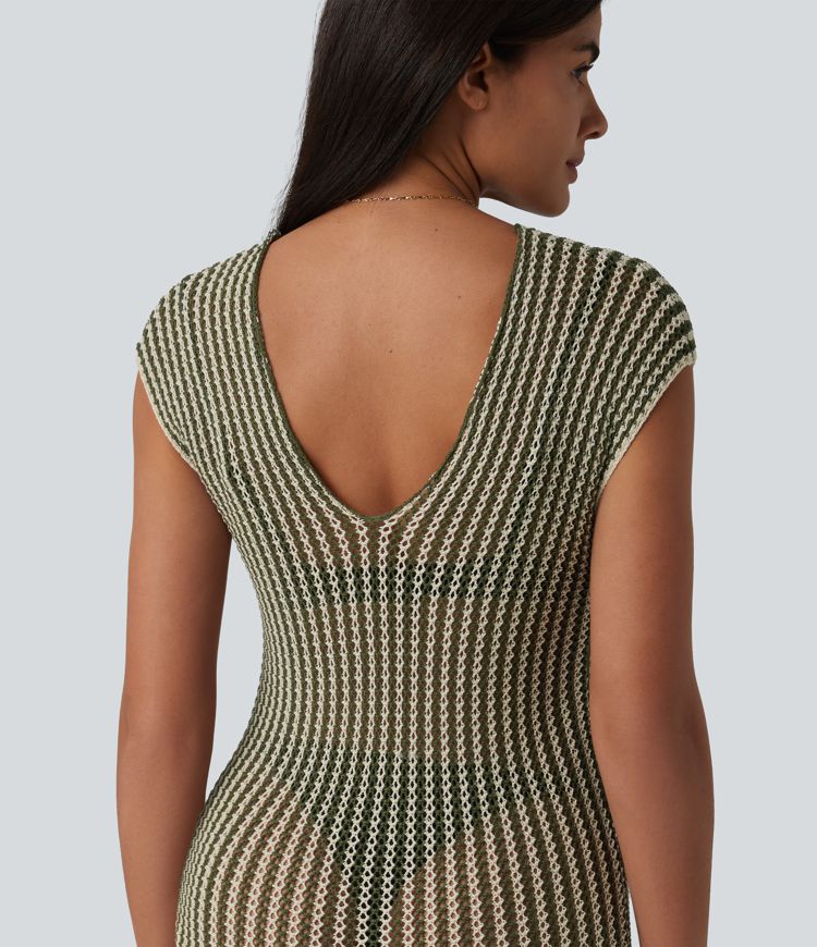 V-neck Batwing Sleeve Split Mini Hollow Out Resort Cover Up Dress