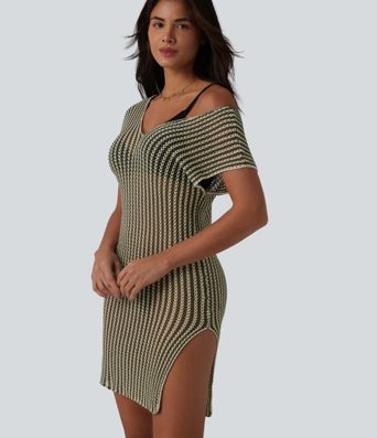 V-neck Batwing Sleeve Split Mini Hollow Out Resort Cover Up Dress