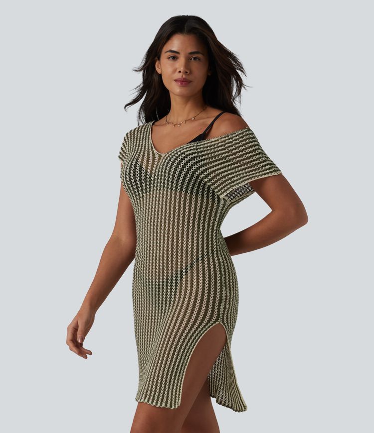 V-neck Batwing Sleeve Split Mini Hollow Out Resort Cover Up Dress