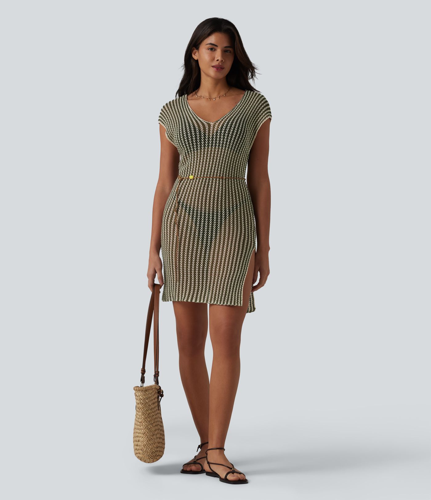 V-neck Batwing Sleeve Split Mini Hollow Out Resort Cover Up Dress