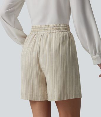 Baggy-Shorts aus Leinen mit hohem Bund, Seitentaschen, Kordelzug und Streifen