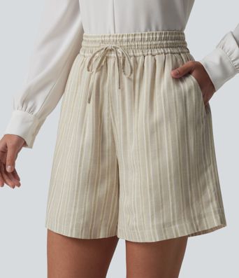 Baggy-Shorts aus Leinen mit hohem Bund, Seitentaschen, Kordelzug und Streifen