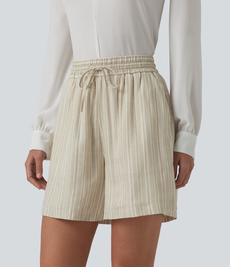 Baggy-Shorts aus Leinen mit hohem Bund, Seitentaschen, Kordelzug und Streifen