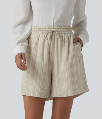 Baggy-Shorts aus Leinen mit hohem Bund, Seitentaschen, Kordelzug und Streifen