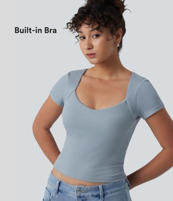 Ribbed Knit Queen Anne Neck Built-in Bra Short Sleeve Casual T-Shirt