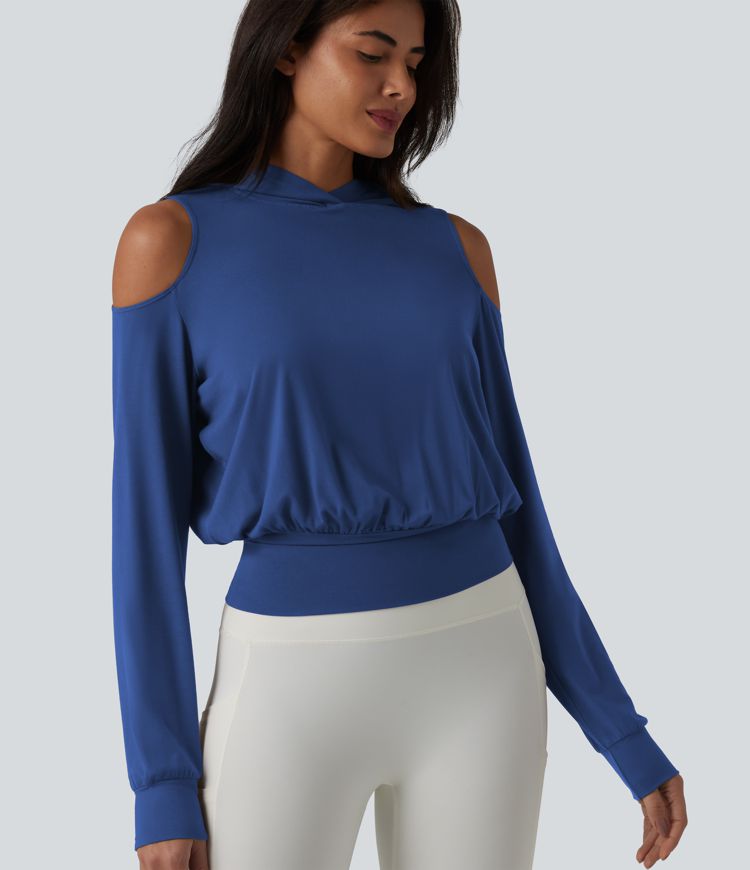 Hooded Cold Shoulder Long Sleeve Workout Sports Sweatshirt