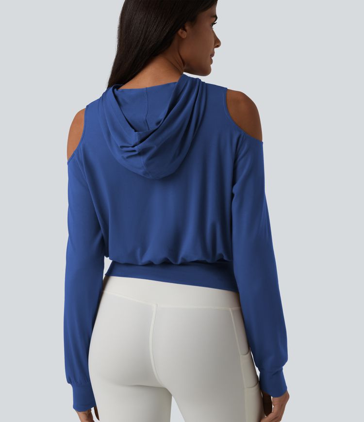 Hooded Cold Shoulder Long Sleeve Workout Sports Sweatshirt