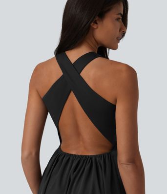 Robe casual mi-longue col U dos nu à bretelles croisées avec poches