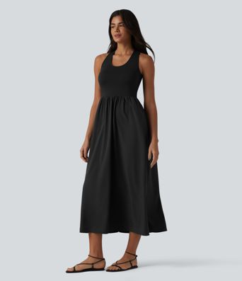 Robe casual mi-longue col U dos nu à bretelles croisées avec poches