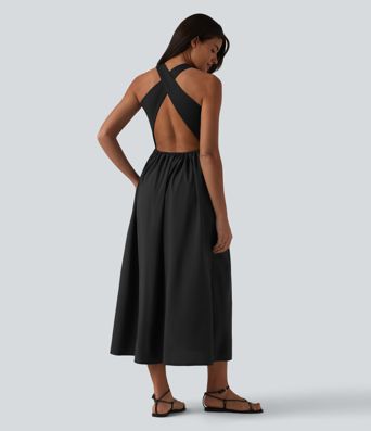 Robe casual mi-longue col U dos nu à bretelles croisées avec poches