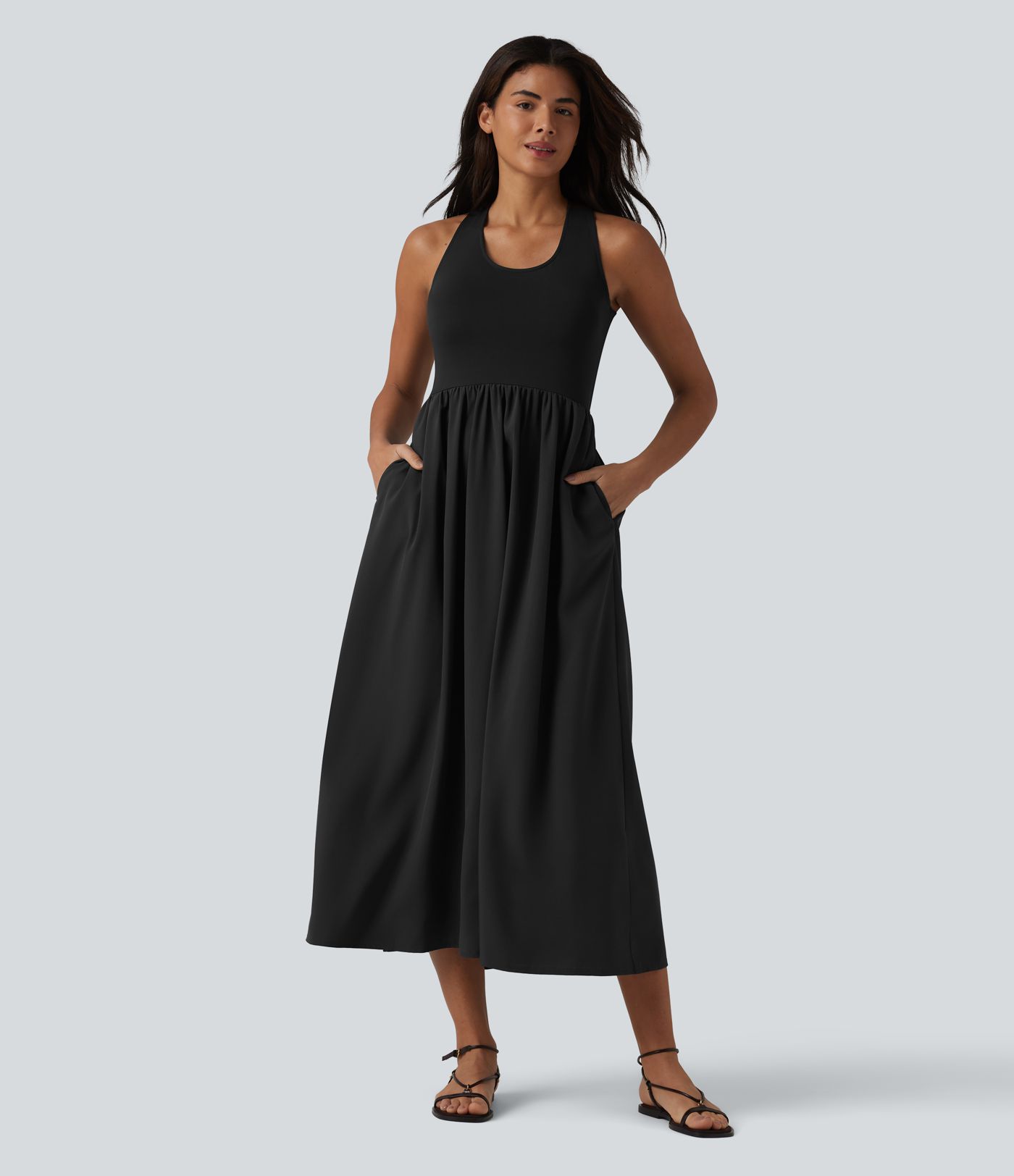 Robe casual mi-longue col U dos nu à bretelles croisées avec poches