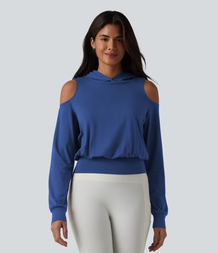 Hooded Cold Shoulder Long Sleeve Workout Sports Sweatshirt