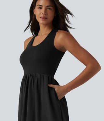 Robe casual mi-longue col U dos nu à bretelles croisées avec poches