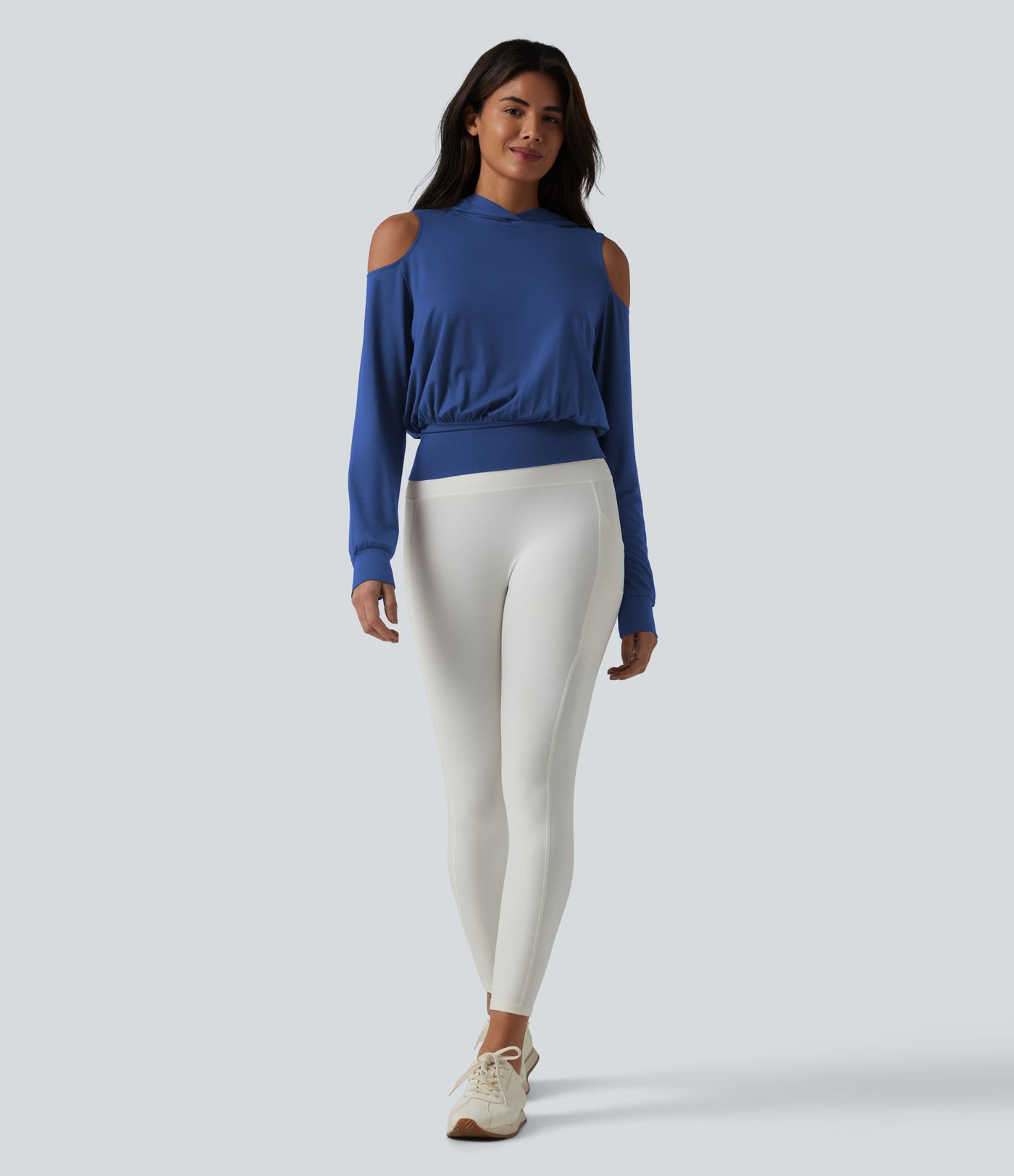 Hooded Cold Shoulder Long Sleeve Workout Sports Sweatshirt