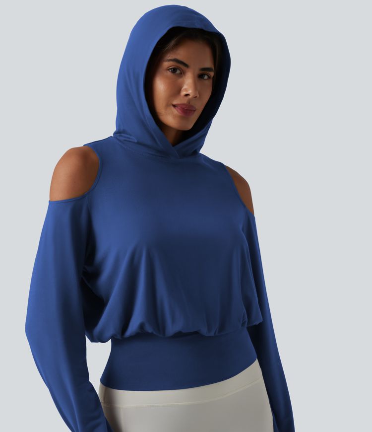 Hooded Cold Shoulder Long Sleeve Workout Sports Sweatshirt