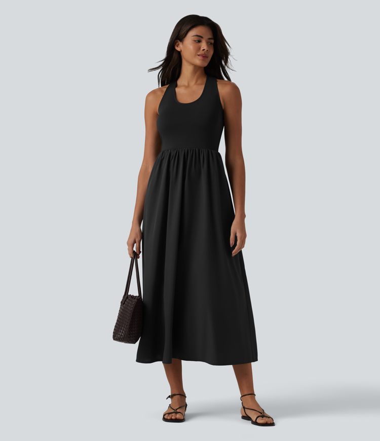 Robe casual mi-longue col U dos nu à bretelles croisées avec poches