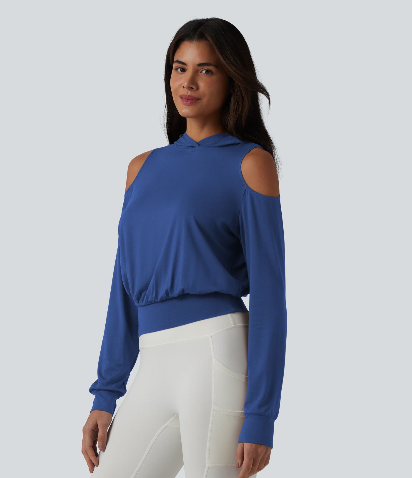 Hooded Cold Shoulder Long Sleeve Workout Sports Sweatshirt