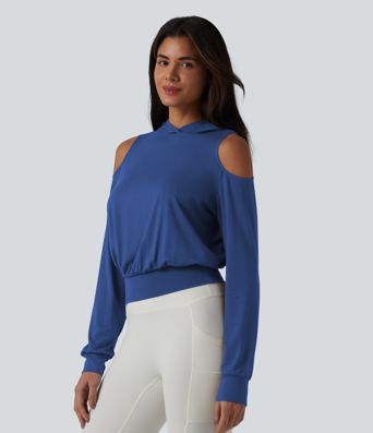 Hooded Cold Shoulder Long Sleeve Workout Sports Sweatshirt