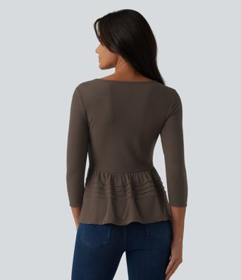 Lässiges Babydoll-Top aus geripptem Strick mit U-Ausschnitt und 3/4-Ärmeln