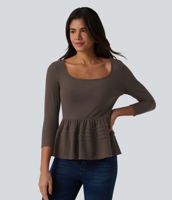 Lässiges Babydoll-Top aus geripptem Strick mit U-Ausschnitt und 3/4-Ärmeln