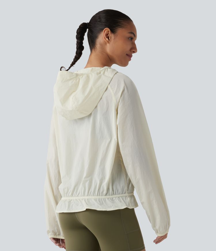 Hooded Long Sleeve Ruffle Hem Workout Jacket with Pockets-UPF40+