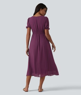 Gerafftes, fließendes Midikleid mit V-Ausschnitt und Puffärmeln