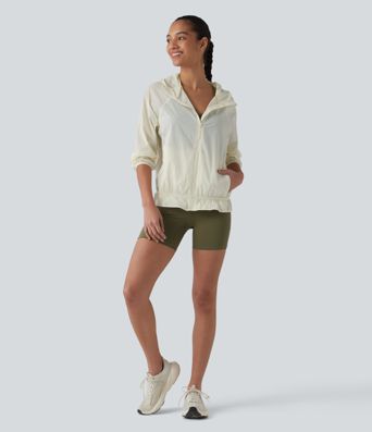 Hooded Long Sleeve Ruffle Hem Workout Jacket with Pockets-UPF40+